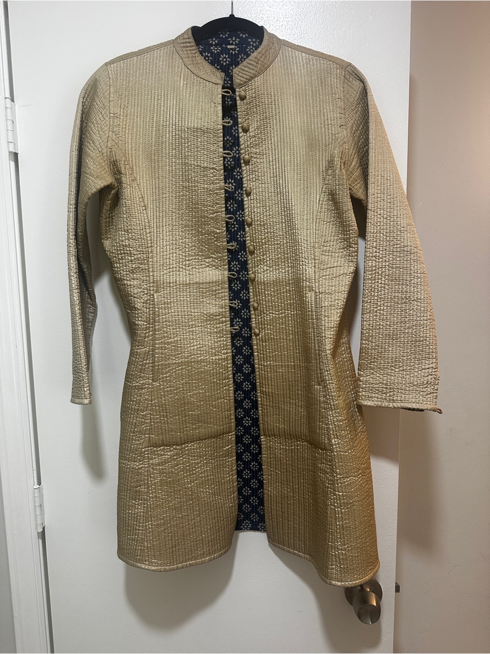 Reversible Gold Quilted Coat | Blue Floral Print | Medium | Two Looks in One
